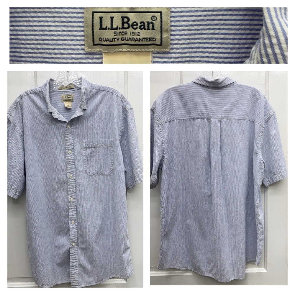 LL Bean Mens Large Traditional Fit Seersucker Striped Short Sleeve Shirt 242319
